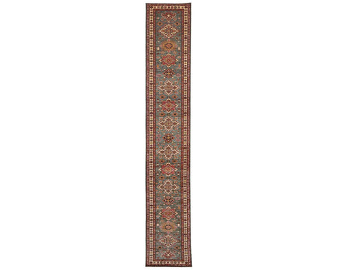 19 Feet Green Kazak Afghan Hand Knotted Wool Runner Rug